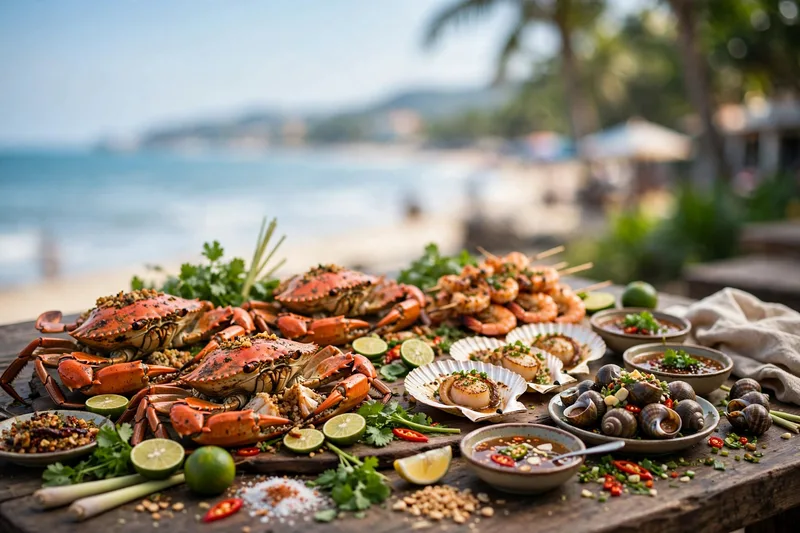 Beachside seafood feast in Vung Tau with grilled crab shrimp scallops and snails with dipping sauces on an outdoor table