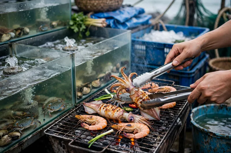 Beachside seafood feast in Vung Tau with grilled crab shrimp scallops and snails with dipping sauces on an outdoor table (2)