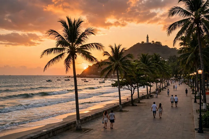 Vung Tau Front Beach promenade at sunset with the lighthouse hill silhouette and strolling couples