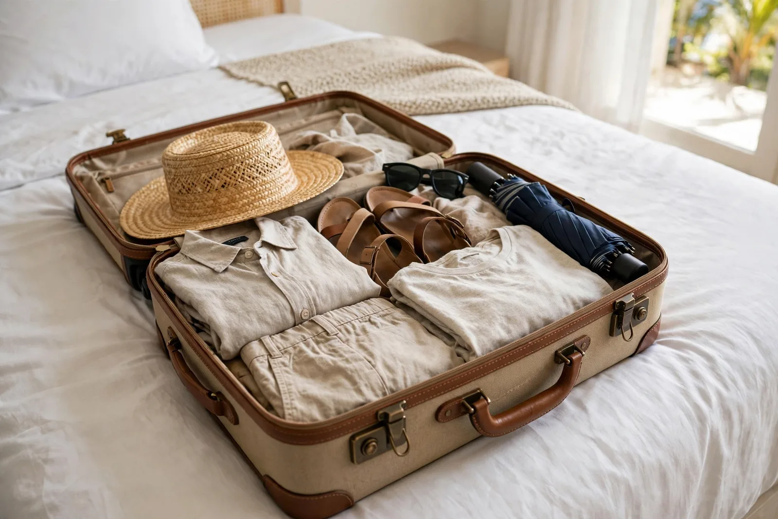 Open suitcase on a hotel bed packed with light tropical clothing, sandals, sun hat and a compact umbrella