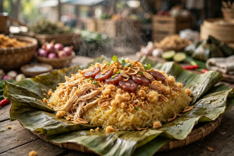 Banana leaf bundle of xoi sticky rice opened to show chicken pork floss sausage and fried shallots at a morning stall